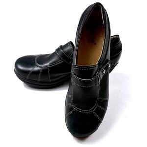 Sanita Black Leather Wedge Clogs Monk Strap Contrast Stitch Made in Portugal 41